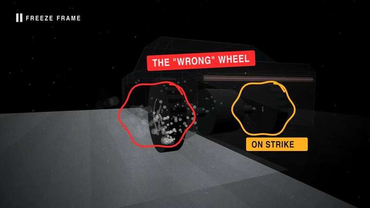 Animated rear axle on ice: the left wheel spins and throws snow while the right wheel does not move